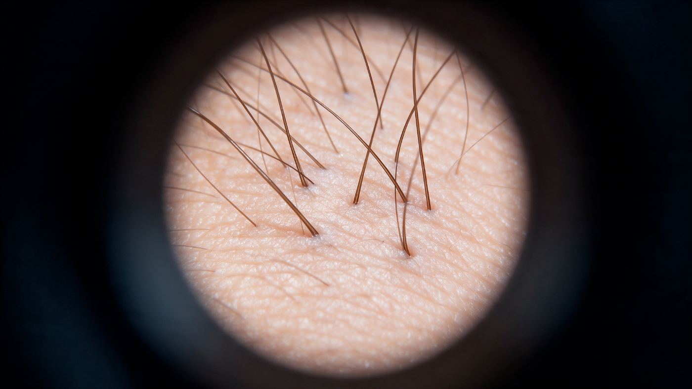 Kopfhaut mit Haarwurzeln in starker Vergrößerung unter dem Analysemikroskop